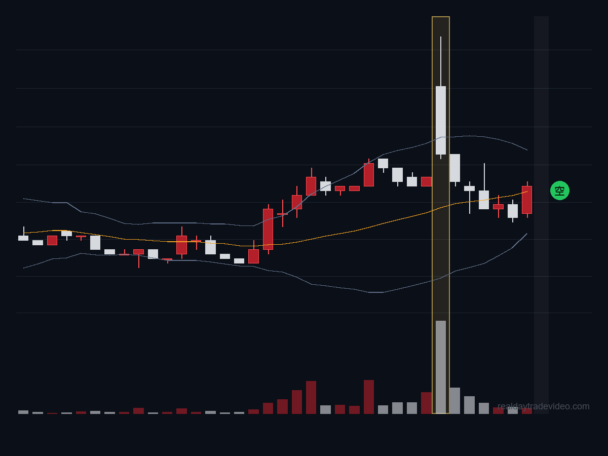爆量：開盤第一根那根黑K的量放大到平常的好幾倍，是這段走勢裡量最突出的一根。